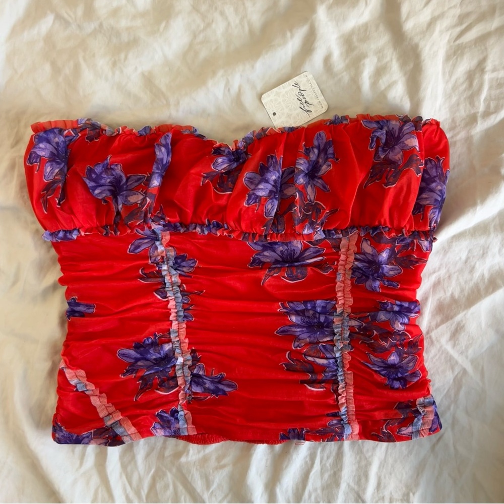Free People Red Strapless Floral Crop Top with Purple Flowers